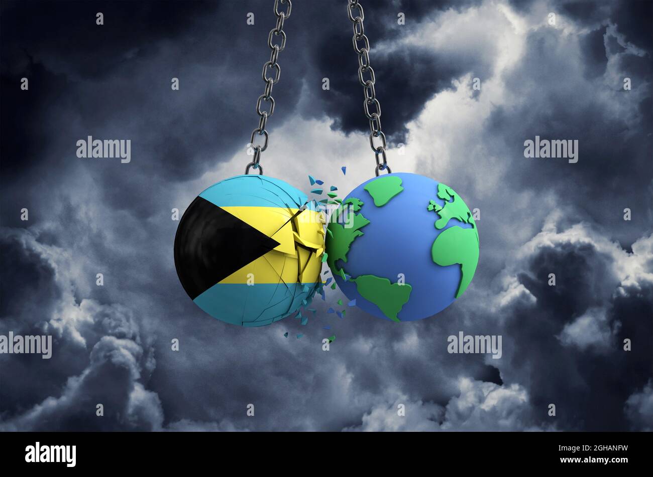 Bahamas flag ball smashing into planet earth. Global impact and disaster concept. 3D Render Stock Photo
