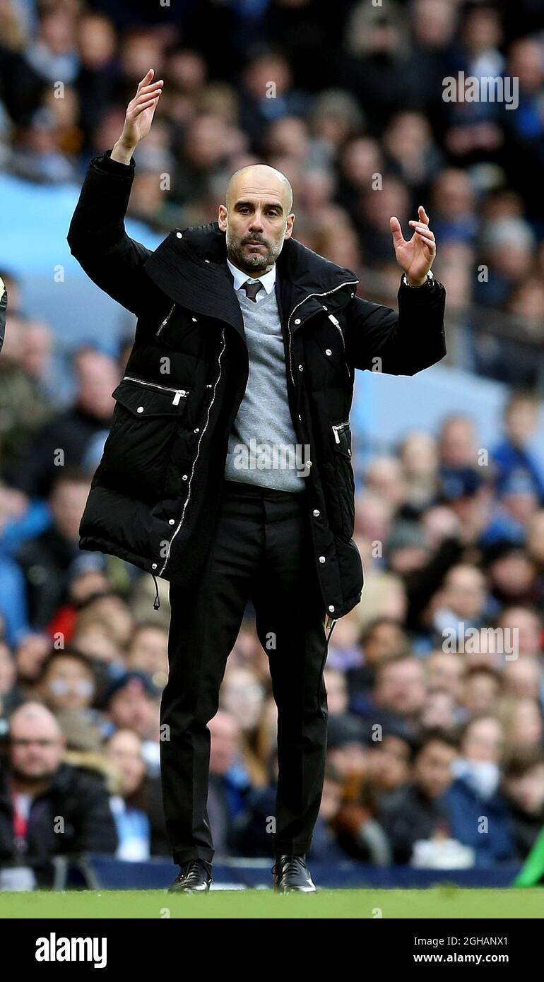 Josep Guardiola manager of Manchester City reacts during the English Premier League match at Josep Guardiola manager of Manchester City reacts during the English Premier League match at