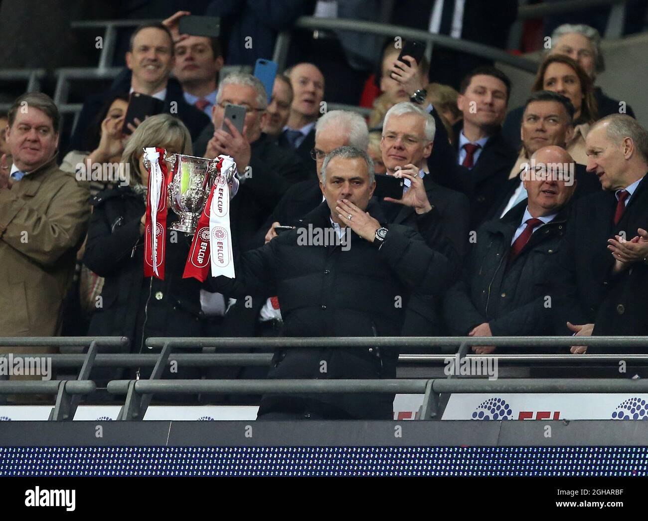 Jose Mourinho manager of Manchester United blows a kiss while lifting the EFL trophy during the English Football League Cup Final  match at the Wembley Stadium, London. Picture date: February 26th, 2017.Pic credit should read: David Klein/Sportimage via PA Images Stock Photo
