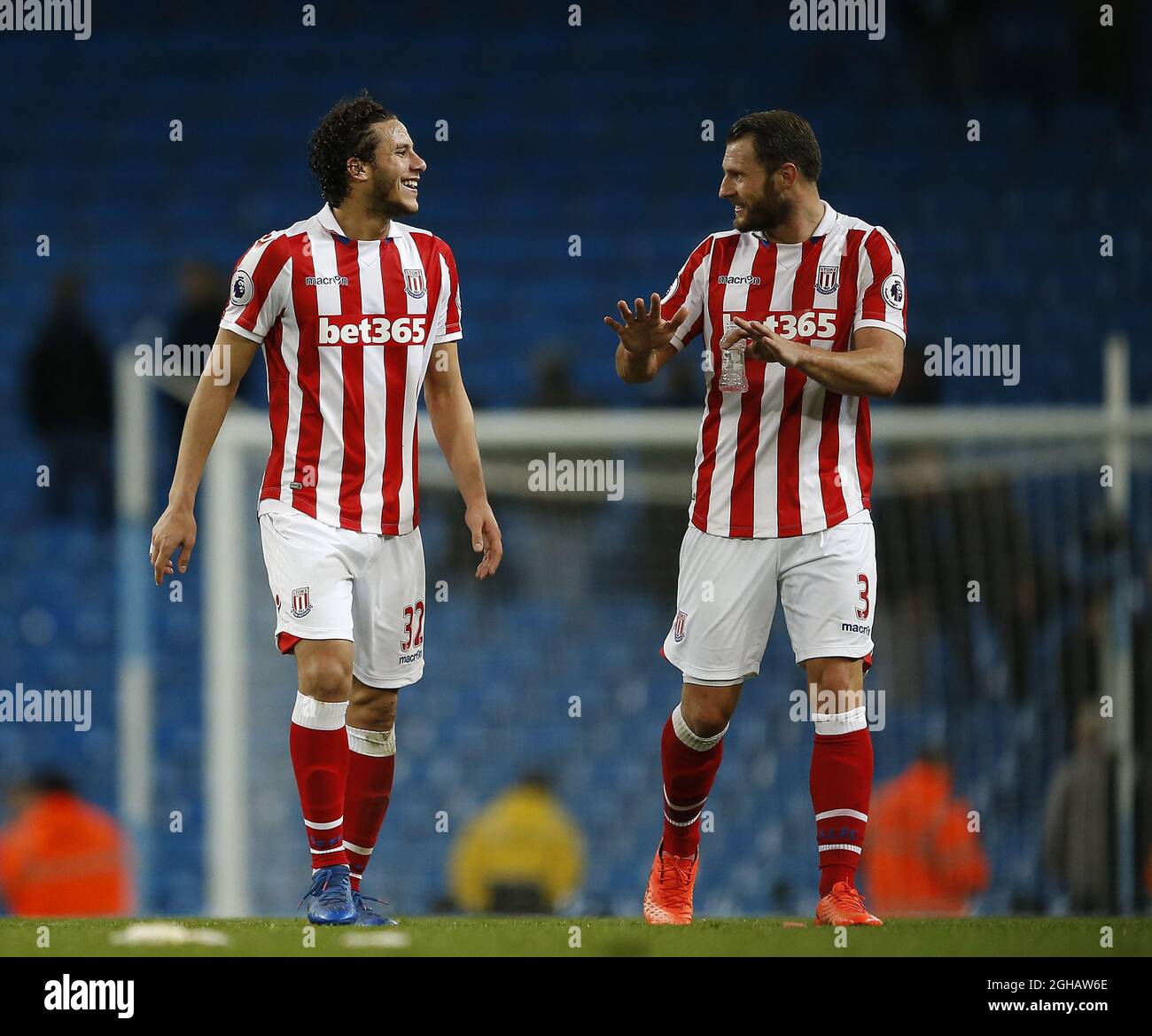 Ramadan Sobhi of Stoke City and Erik Pieters of Stoke City discuss the game during the English Premier League match at Etihad Stadium, Manchester. Picture date: March 8th 2017. Pic credit should read: Simon Bellis/Sportimage via PA Images Stock Photo