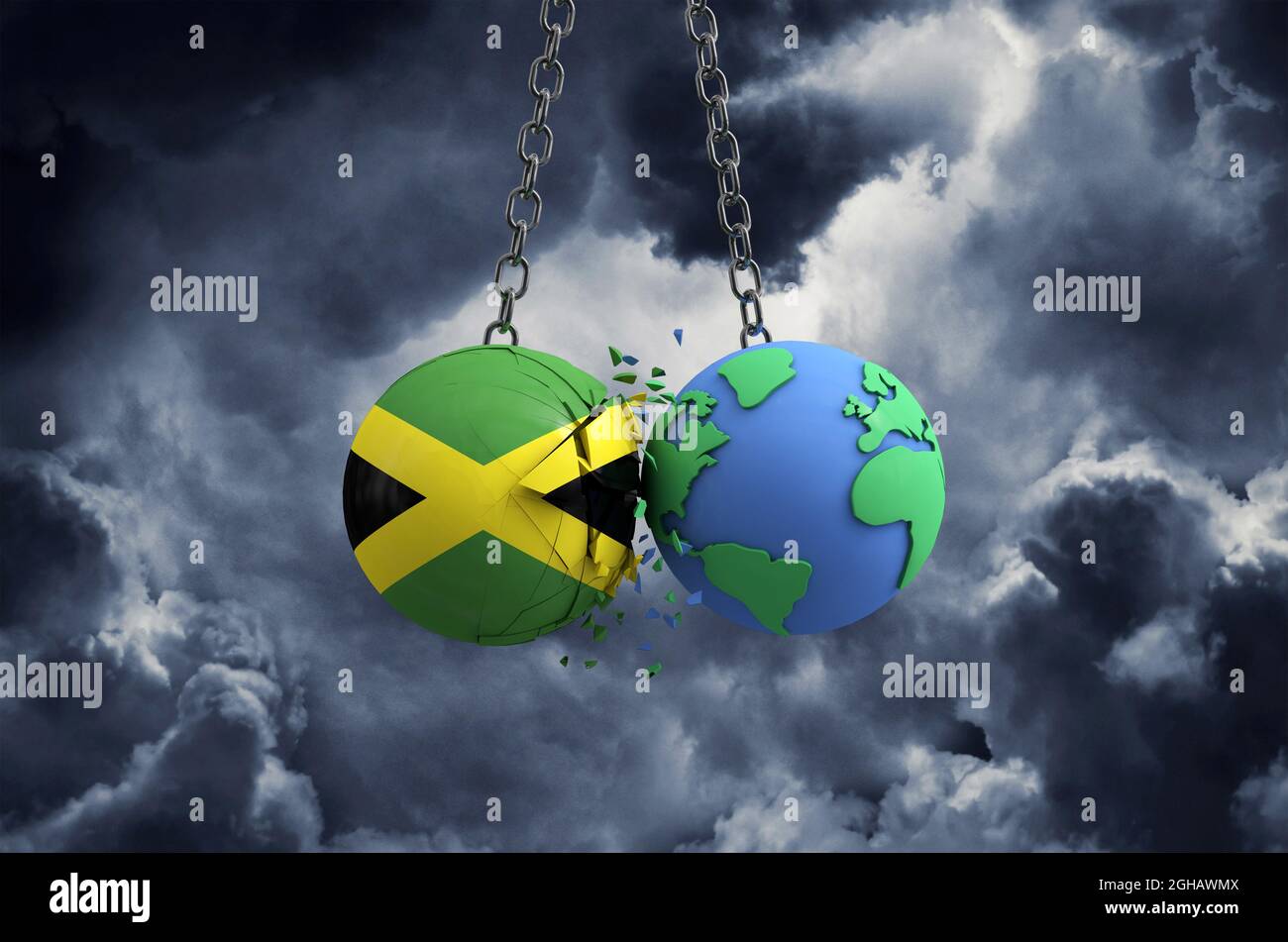 Jamaica flag ball smashing into planet earth. Global impact and disaster concept. 3D Render Stock Photo