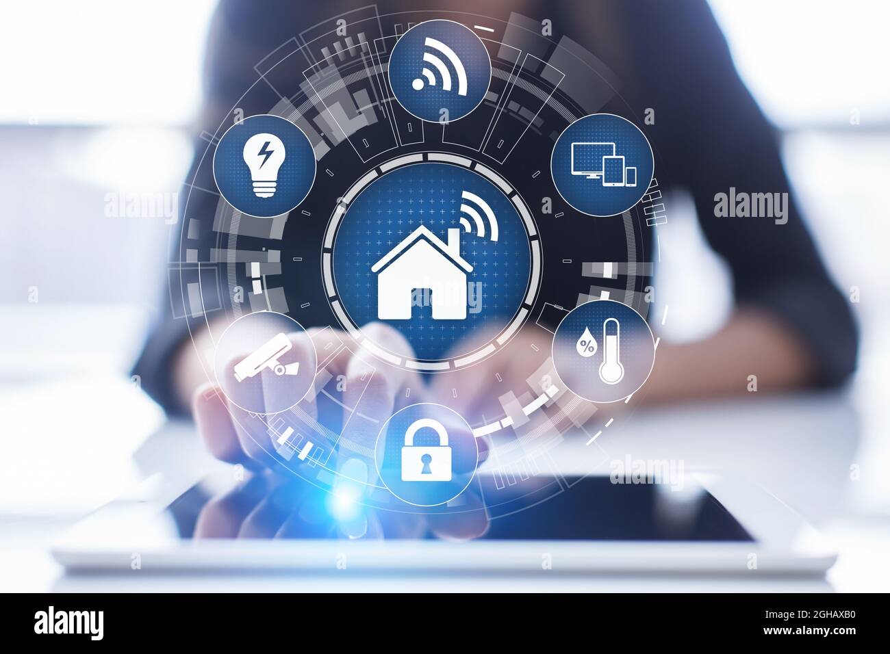 Smart home control panel on virtual screen. IOT and Automation ...