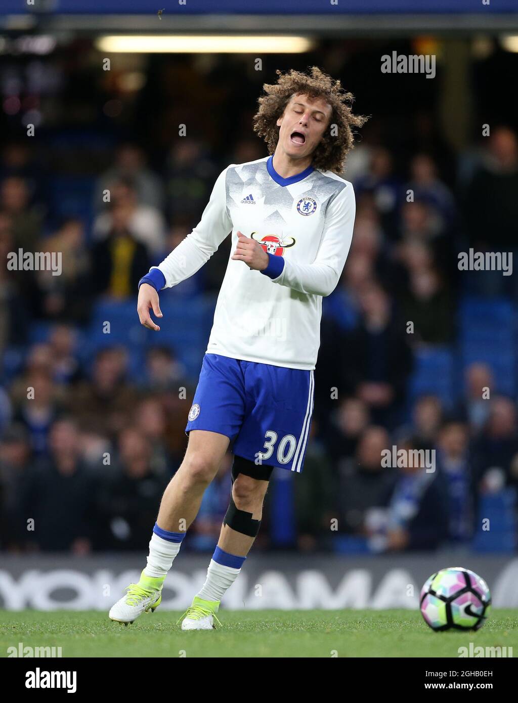 Chelsea's David Luiz with a knee brace during the Premier League match at  the Stamford Bridge Stadium, London. Picture date: April 5th, 2017. Pic  credit should read: David Klein/Sportimage via PA Images