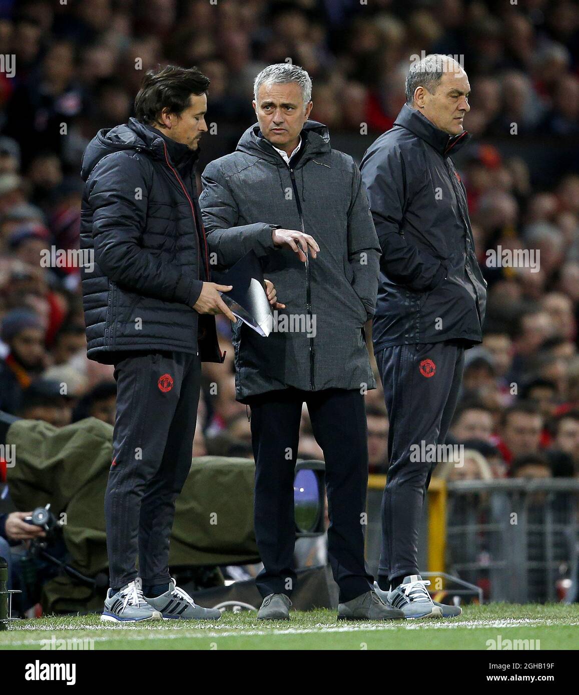 Manchester United manager Jose Mourinho discusses tactics with Assistant  coach Rui Faria during the UEFA Europa League Quarter Final 2nd Leg match  at Old Trafford, Manchester. Picture date: April 20th, 2017. Pic