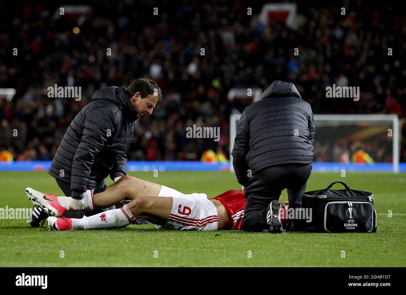 Zlatan Ibrahimovic of Manchester United receives treatment for an injury  during the UEFA Europa League Quarter Final 2nd Leg match at Old Trafford,  Manchester. Picture date: April 20th, 2017. Pic credit should