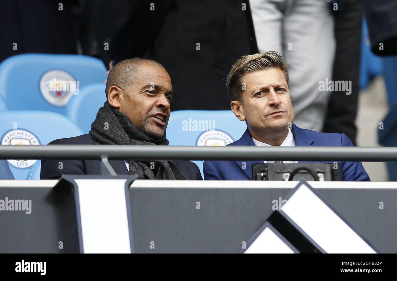 Former player Mark Bright with Crystal Palace owner Steve Parish during ...