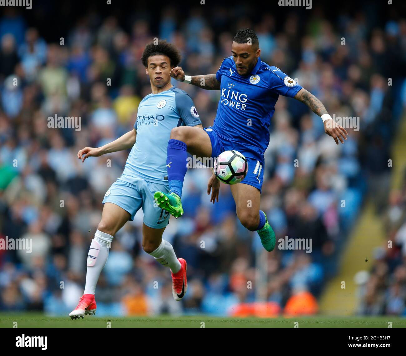 Leroy Sane of Manchester City in action with Danny Simpson of Leicester City during the English Premier League match at the Etihad Stadium, Manchester. Picture date: May 13th 2017. Pic credit should read: Simon Bellis/Sportimage via PA Images Stock Photo