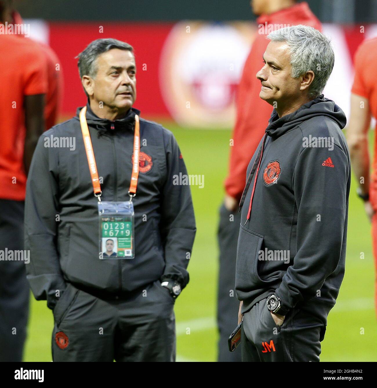 Manchester United manager Jose Mourinho and his coaching staff take a walk  around the pitch ahead of the UEFA Europa League Final at the Friends  Arena, Stockholm. Picture date: May 23rd, 2017.