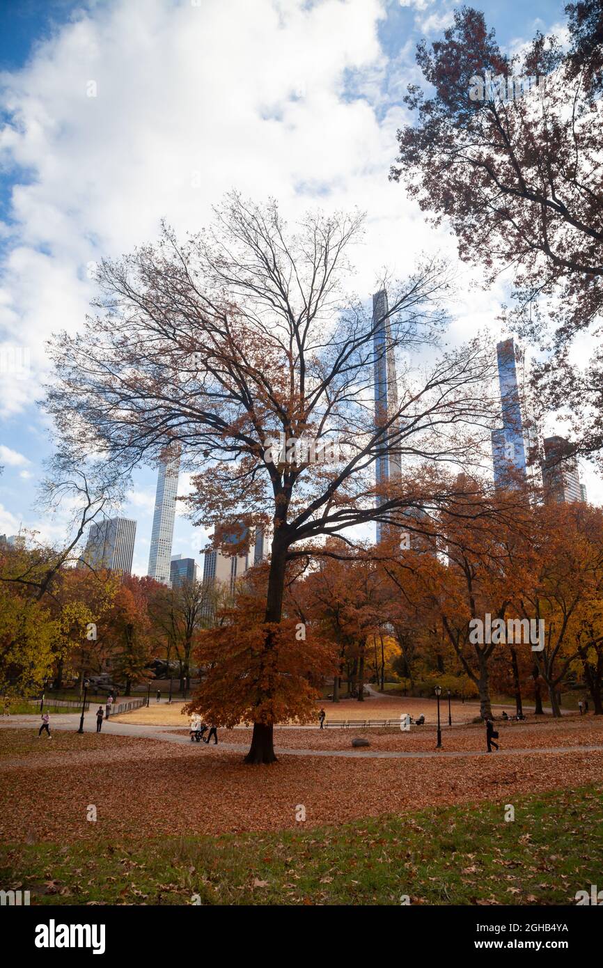 Autumn view of Central Park South, New York residential skyscrapers in ...