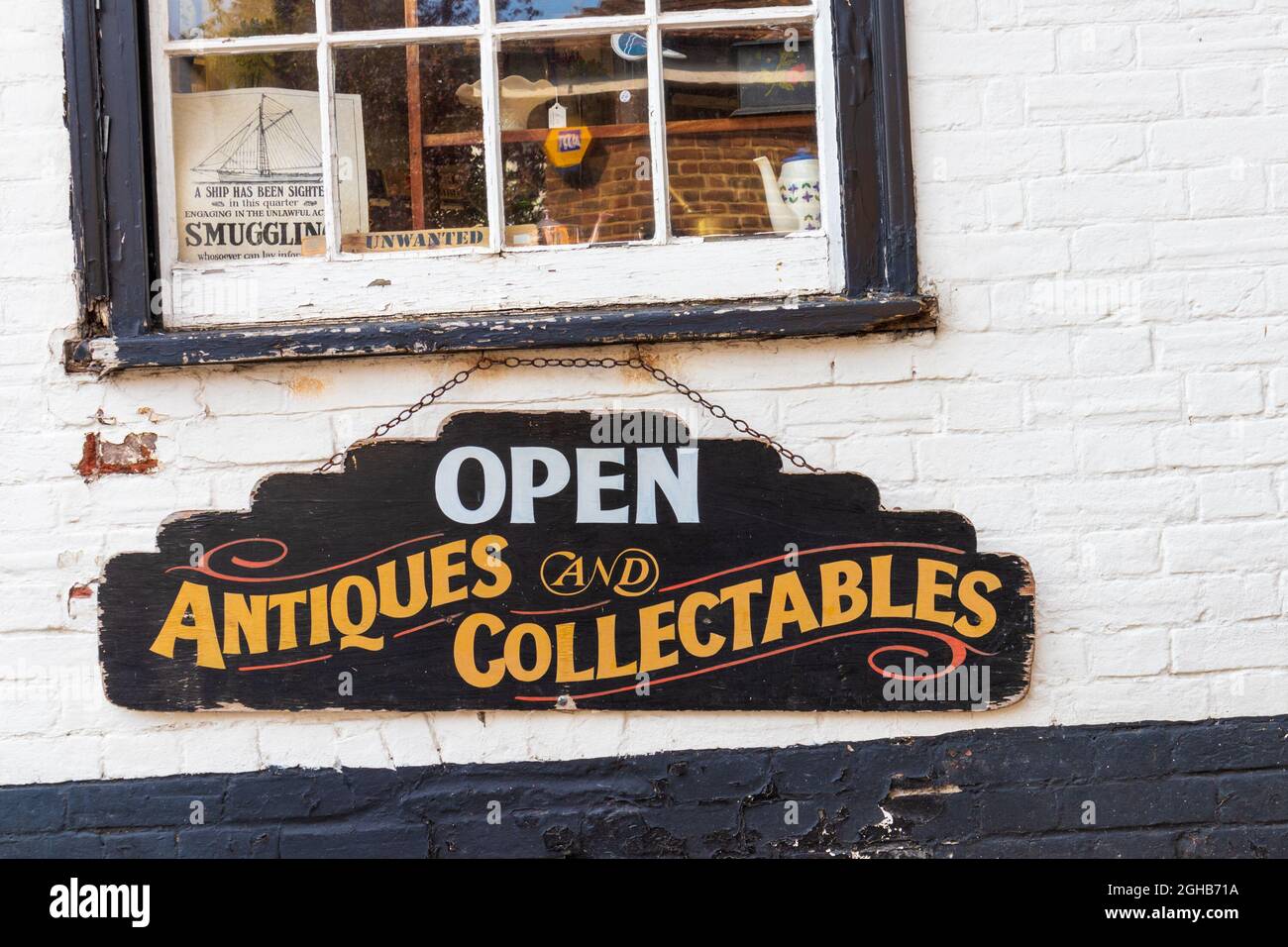 Open Antiques and collectables sign, rye, east sussex, uk Stock Photo
