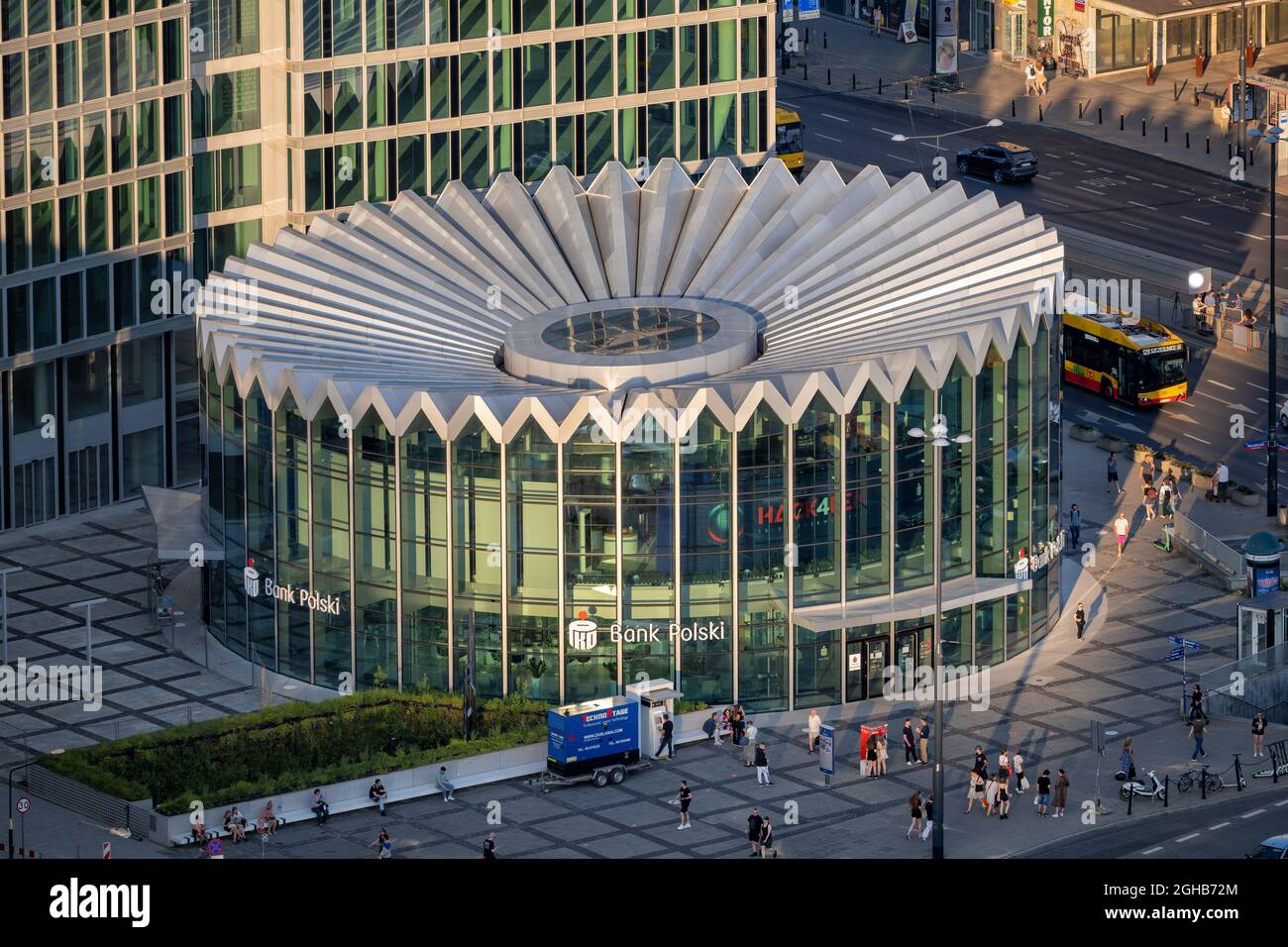 Warsaw, Poland - June 18, 2021: Rotunda of PKO Bank Polski, iconic building in the capital city center at sunset Stock Photo