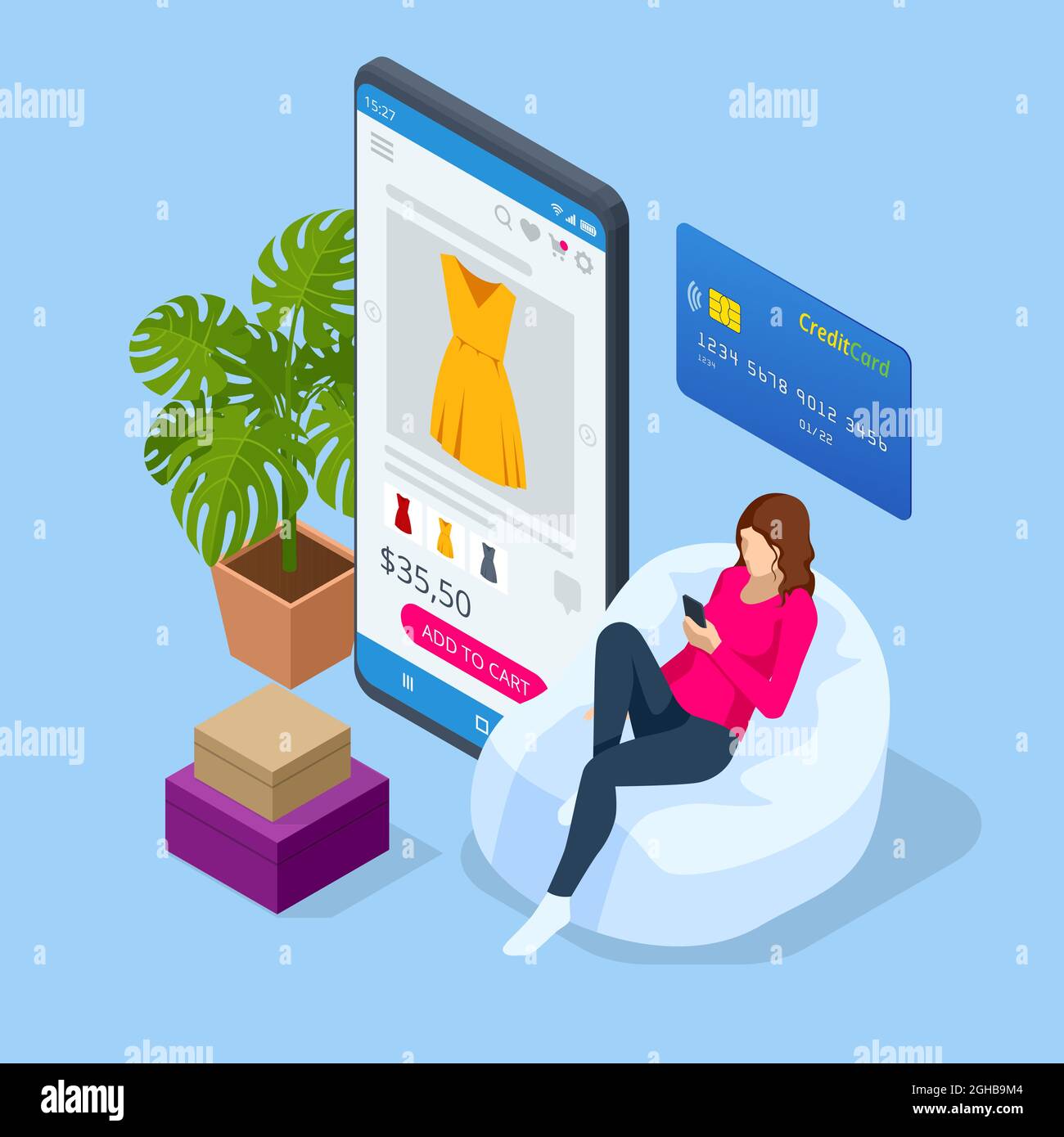 Isometric Online Store for Women. Clothing store, Online Shopping, Home delivery. Stock Vector