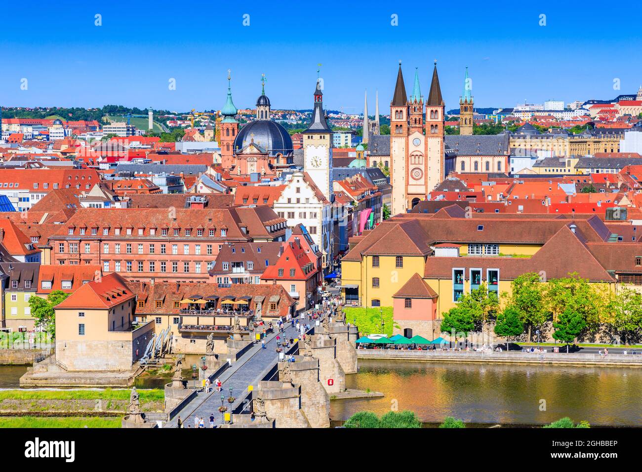 Wurzburg, Germany. Old Town skyline with the towers of St Kilian Cathedral, Neumunster church and the Chapel of St Mary. Stock Photo