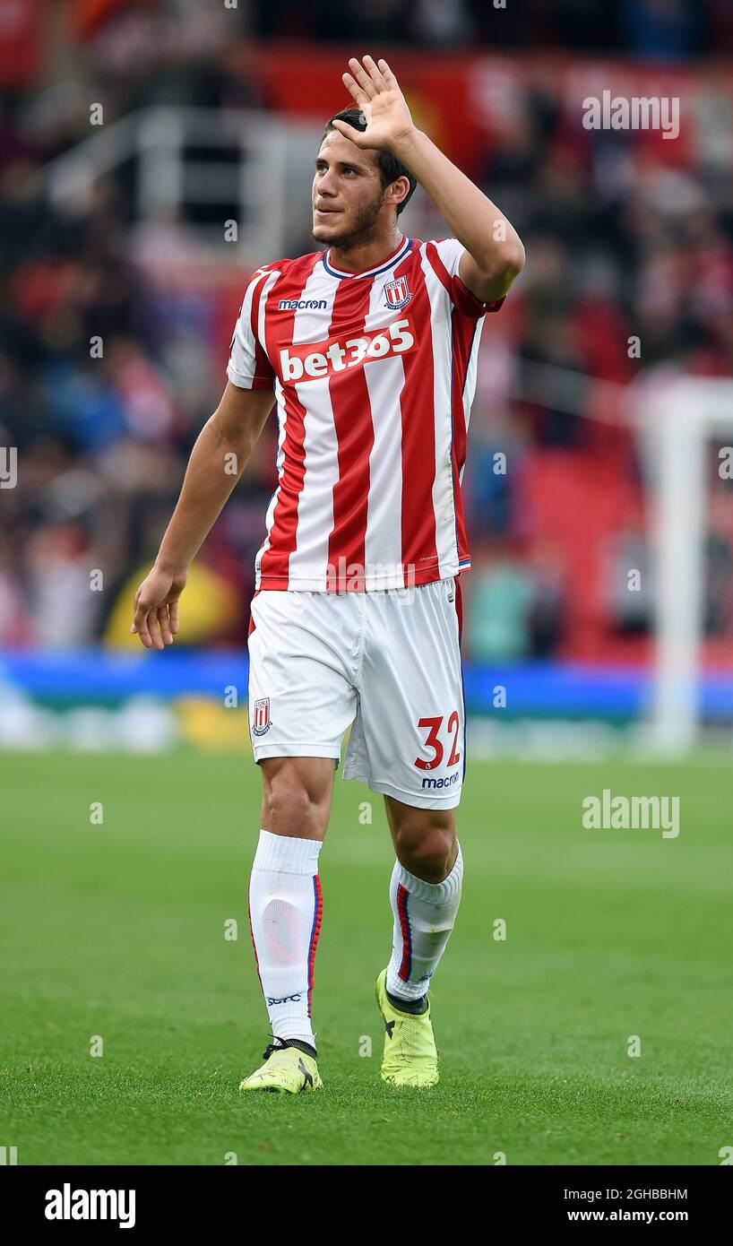 Ramadan Sobhi of Stoke City celebrates at the end of the premier league match at the Britannia Stadium, Stoke. Picture date 19th August 2017. Picture credit should read: Robin Parker/Sportimage via PA Images Stock Photo
