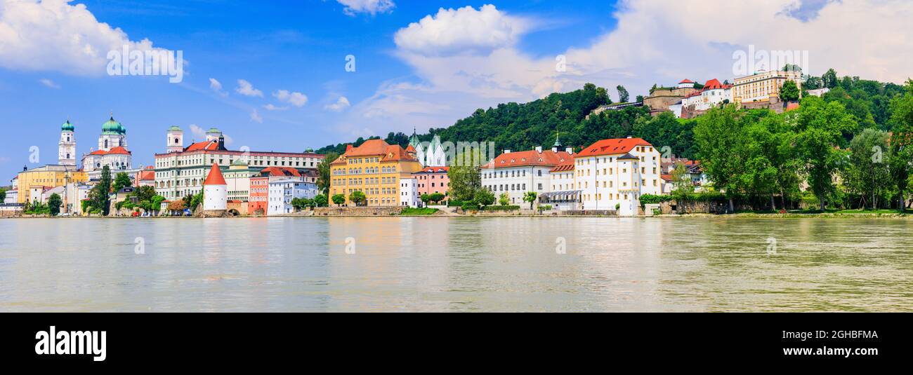 Passau, Germany. Panorama of the 'City of Three Rivers' in front of the Inn river. Stock Photo