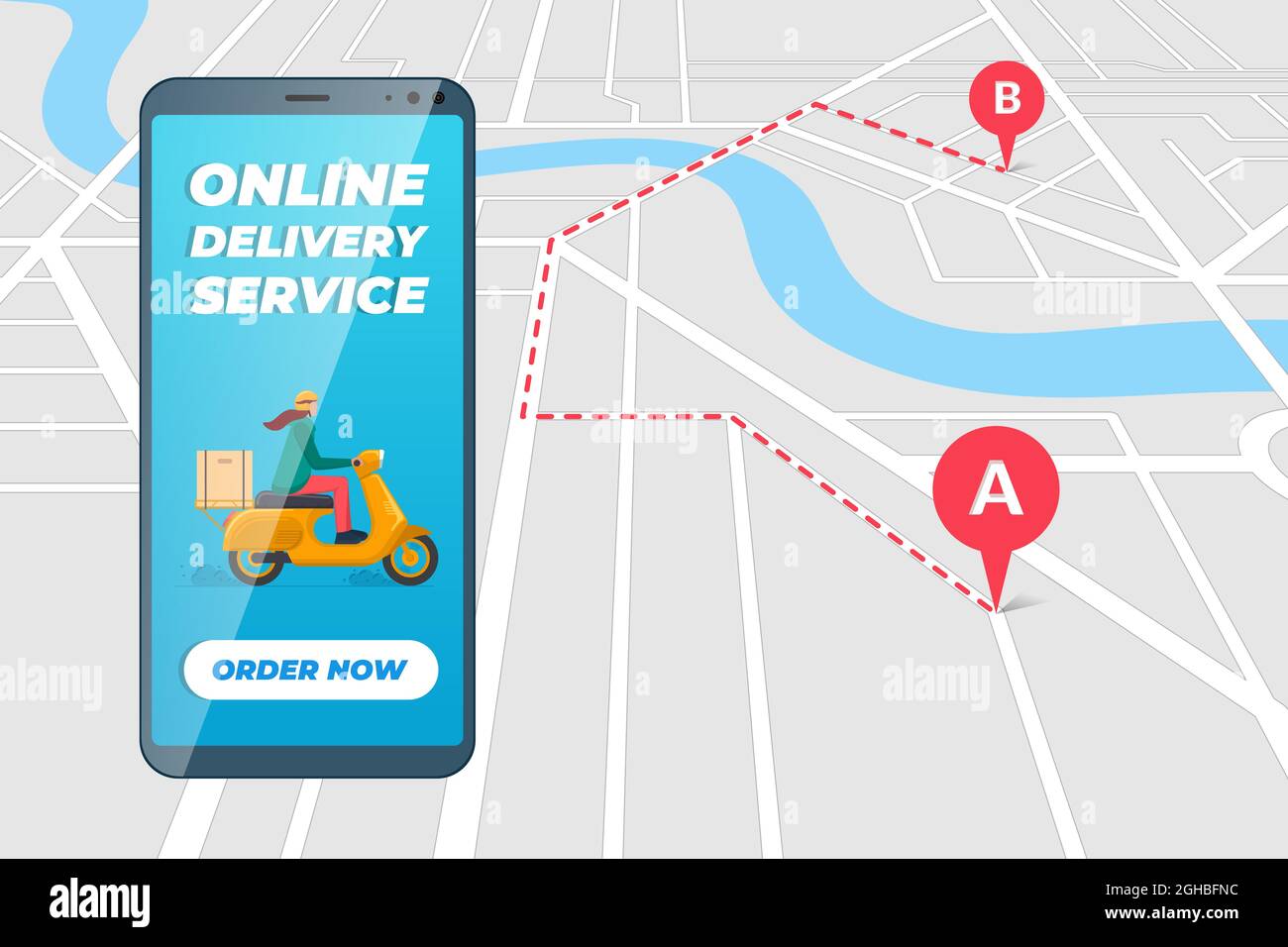 Safe contactless delivery service app on smartphone screen with woman