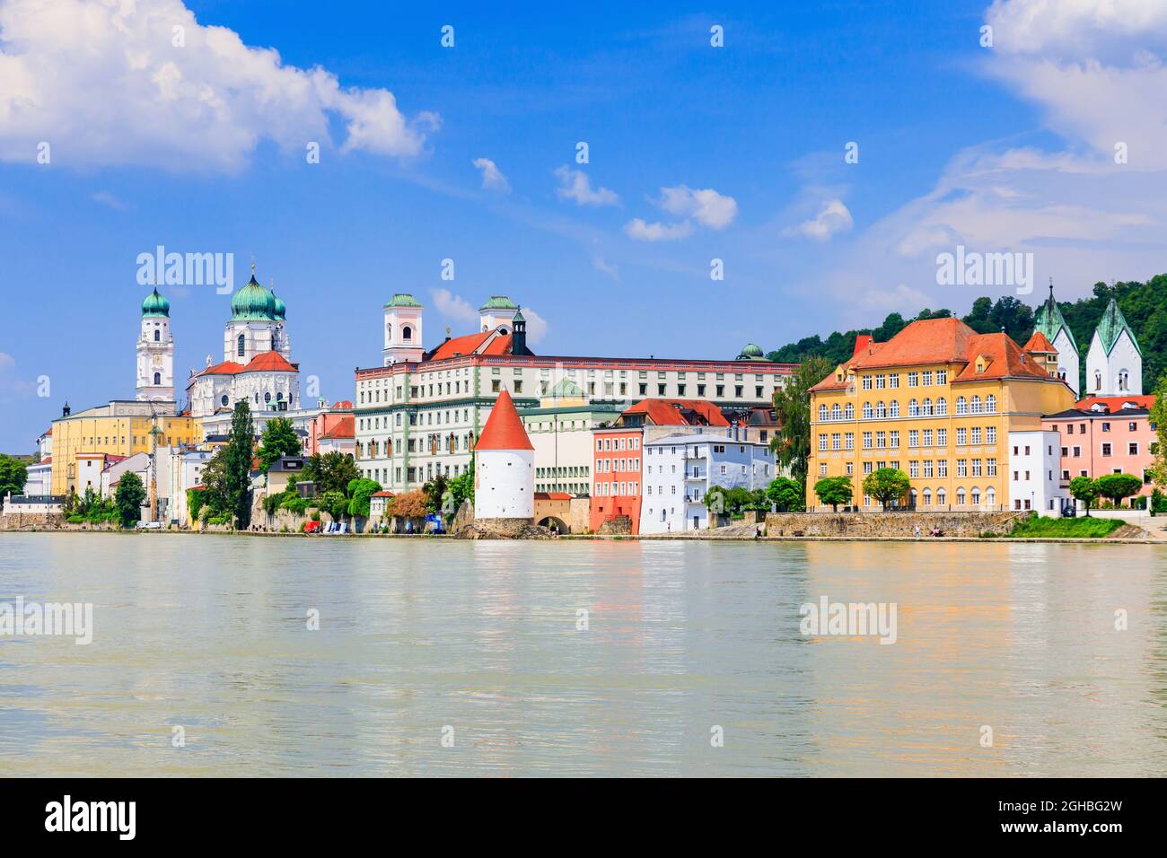 Passau, Germany. Panorama of the 'City of Three Rivers' in front of the Inn river. Stock Photo