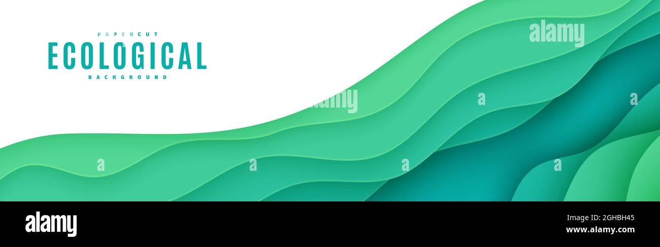 Abstract green horizontal banner in cut paper style. Cutout grass wave ...
