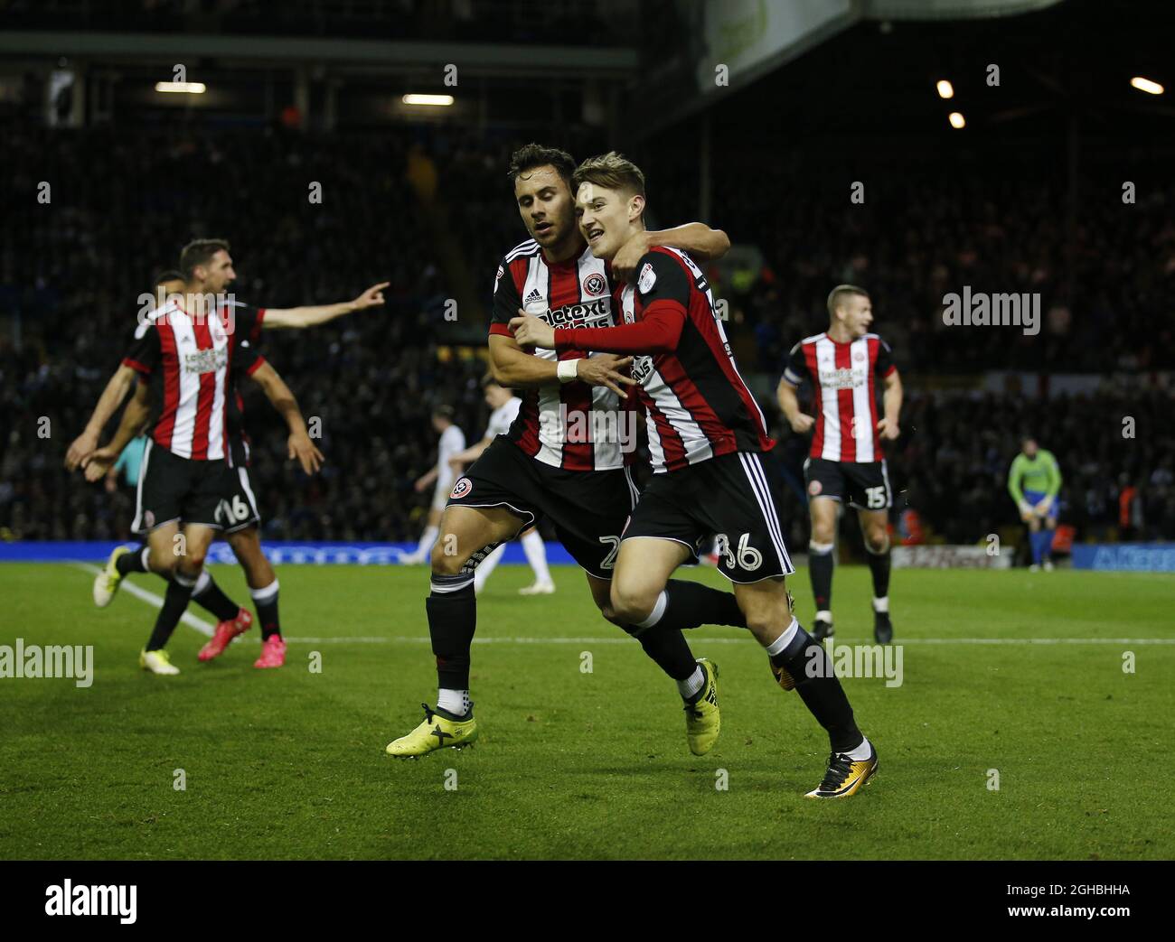 George Baldock of Sheffield Utd celebrates with match winner David Brooks of Sheffield Utd during the Championship match at Elland Road Stadium, Leeds. Picture date 27th October 2017. Picture credit should read: Simon Bellis/Sportimage via PA Images Stock Photo
