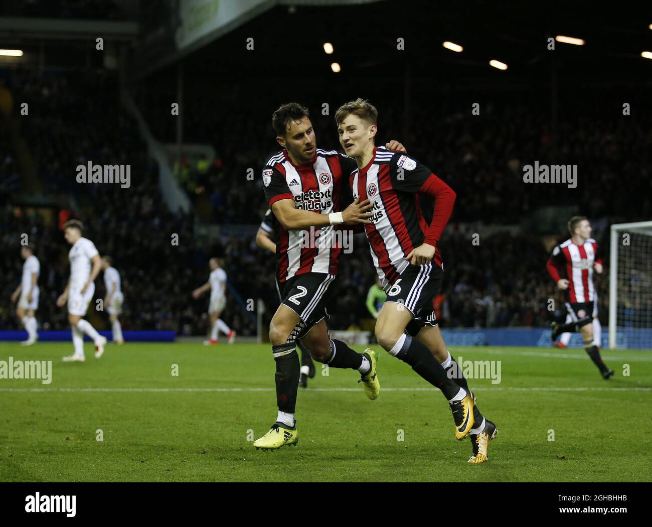 George Baldock of Sheffield Utd celebrates with match winner David Brooks of Sheffield Utd during the Championship match at Elland Road Stadium, Leeds. Picture date 27th October 2017. Picture credit should read: Simon Bellis/Sportimage via PA Images Stock Photo