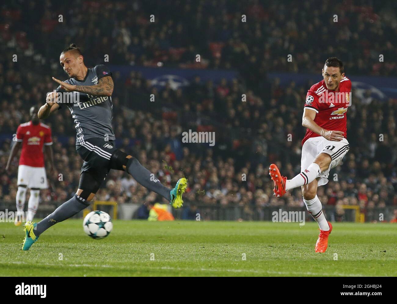Nemanja Matic of Manchester United takes a shot and hits the post and then bounces off the goal keeper to score during the Champions League Group A match at the Old Trafford Stadium, Manchester. Picture date: October 31st 2017. Picture credit should read: Andrew Yates/Sportimage via PA Images Stock Photo