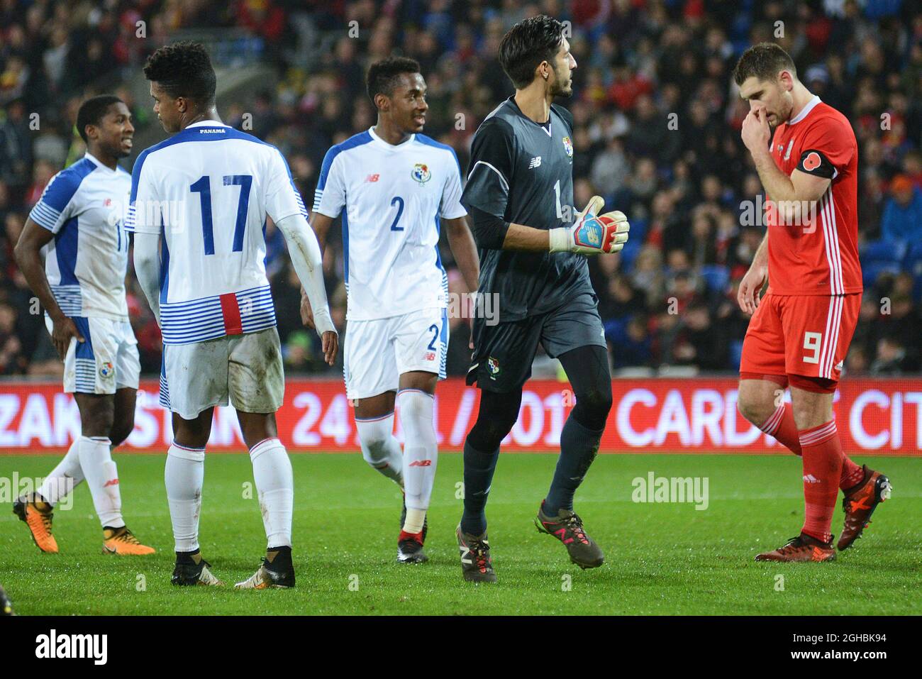 Panama goalkeeper Jaime Penedo and team mates Michael Amir Murillo, Luis Ovalle and Armando Cooper celebrate Sam Vokes of Wales' penalty being saved   during the International friendly match between Wales and Panama at Cardiff City Stadium, Cardiff. Picture date 14th November 2017. Picture credit should read: Joe Perch/Sportimage via PA Images Stock Photo