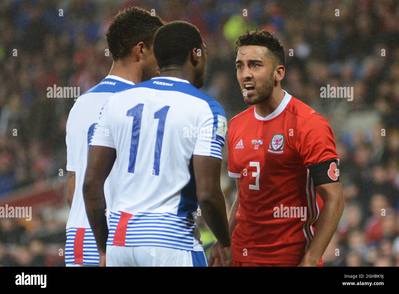 Neil Taylor of Wales and Gabriel Torres and Michael Amir Murillo of Panama during the International friendly match between Wales and Panama at Cardiff City Stadium, Cardiff. Picture date 14th November 2017. Picture credit should read: Joe Perch/Sportimage via PA Images Stock Photo