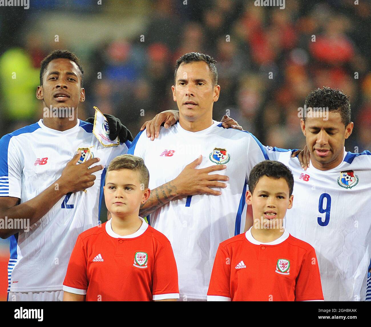 Michael Amir Murillo, Blas Perez and Gabriel Torres of Panama sing the national anthem before the International friendly match between Wales and Panama at Cardiff City Stadium, Cardiff. Picture date 14th November 2017. Picture credit should read: Joe Perch/Sportimage via PA Images Stock Photo