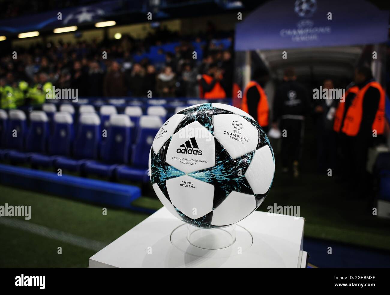 The adidas Official match ball before waits on the plinth before the Champions  League Group C match at the Stamford Bridge, London. Picture date: December  5th 2017. Picture credit should read: David