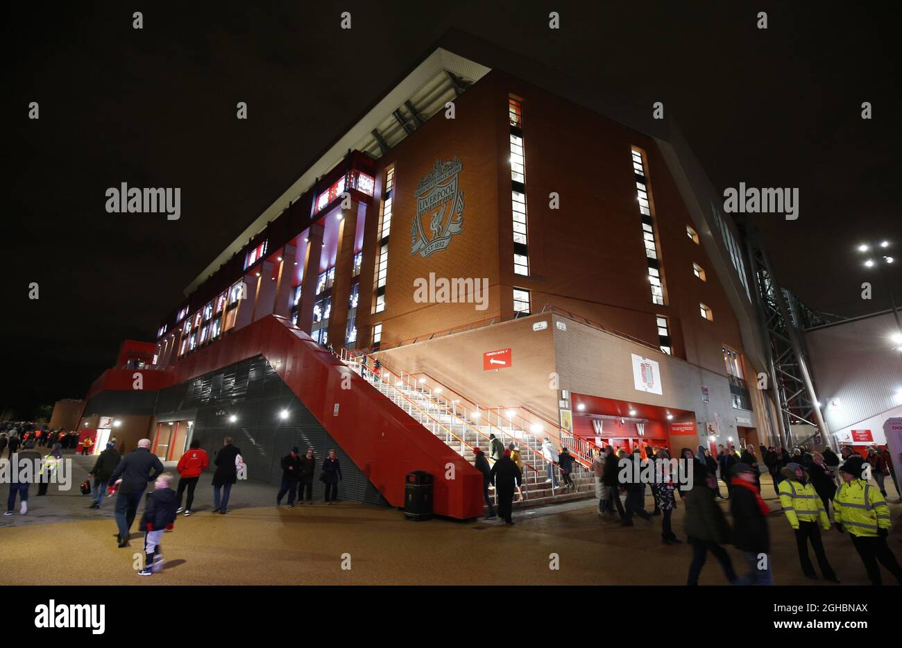 The main stand lit up at night during the Champions League Group E match at the Anfield Stadium, Liverpool. Picture date: December 6th 2017. Picture credit should read: Andrew Yates/Sportimage via PA Images Stock Photo