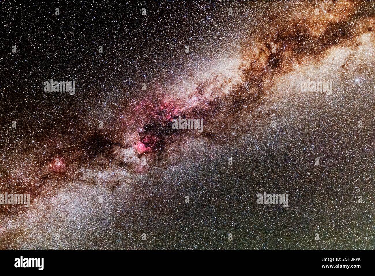 The Milky Way as seen almost directly overhead from the Northern Hemisphere in mid August.  Featured prominently is the north america nebula. Stock Photo