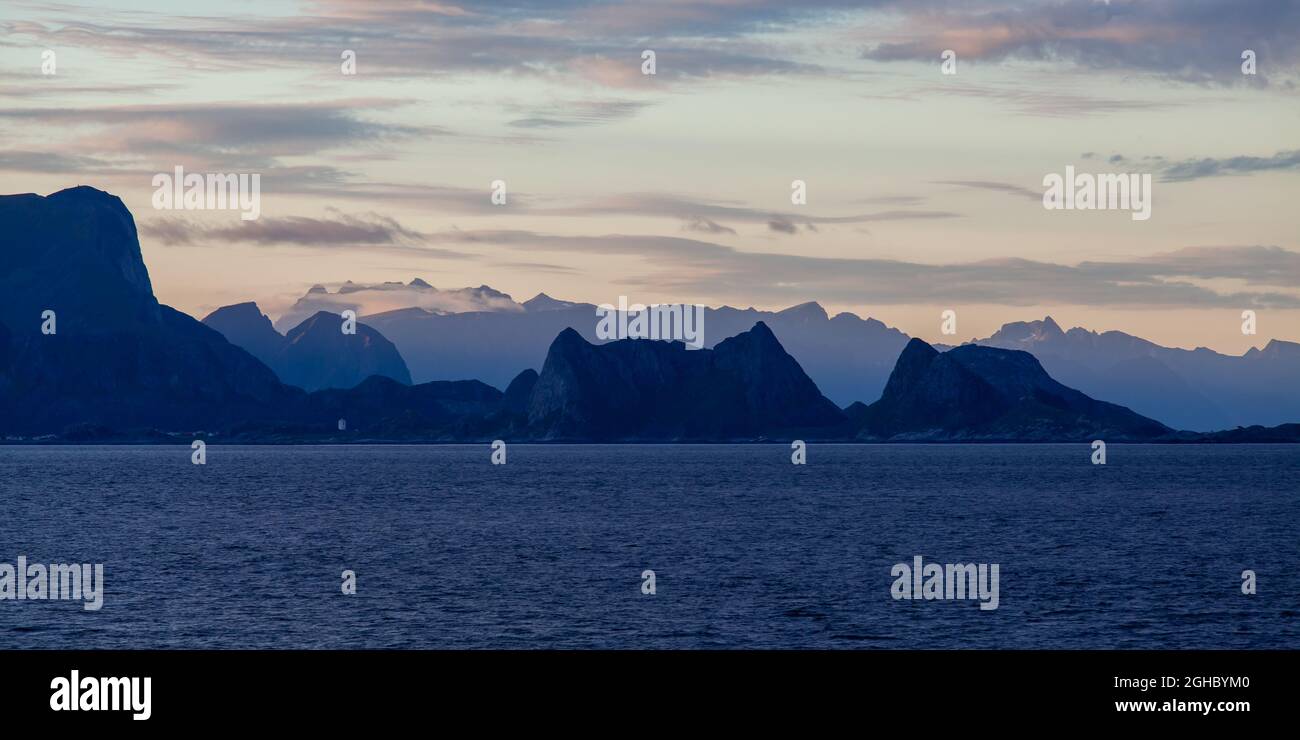 Dramatic ocean view in Lofoten Norway. Mountains in the background. Stock Photo