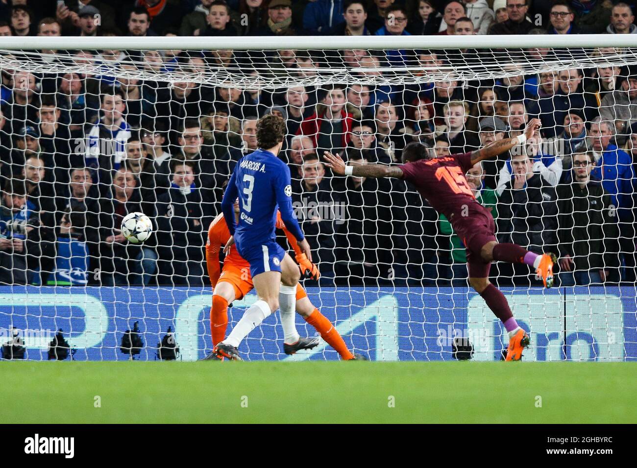 Barcelona's Paulinho has a header saved during the champions league match at Stamford Bridge Stadium, London. Picture date 20th February 2018. Picture credit should read: Charlie Forgahm-Bailey/Sportimage via PA Images Stock Photo