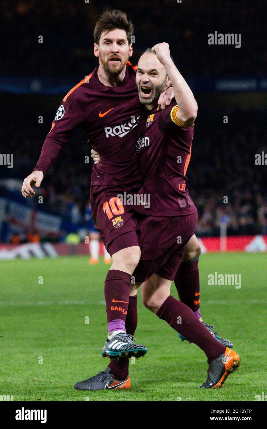 Barcelona S Lionel Messi Celebrates Scoring The Equaliser With Barcelona S Andrzs Iniesta During The Champions League Match At Stamford Bridge Stadium London Picture Date th February 18 Picture Credit Should Read Charlie Forgahm Bailey Sportimage Barcelona S Lionel Messi Celebrates Scoring The Equaliser With Barcelona S Andrzs Iniesta During The Champions League Match At Stamford Bridge Stadium London Picture Date th February 18 Picture Credit Should Read Charlie Forgahm Bailey Sportimage
