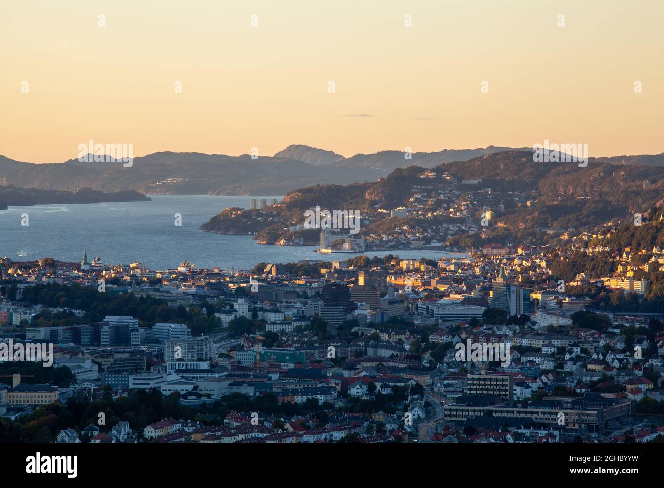 View of the city Bergen in Norway. Sunset in Bergen Vestland. Stock Photo