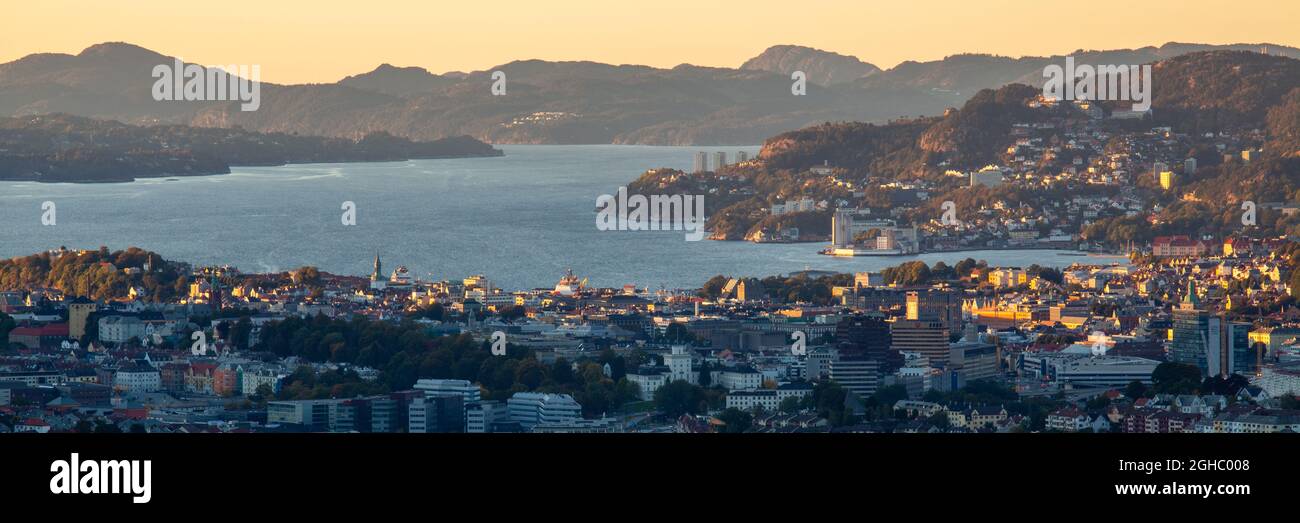 View of the city Bergen in Norway. Sunset in Bergen Vestland. Stock Photo