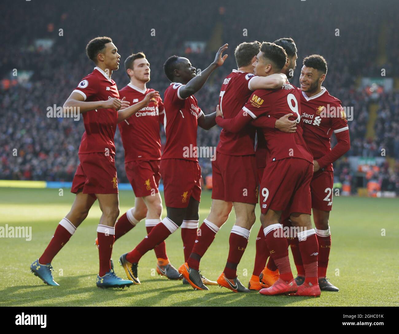 Emre Can of Liverpool lost in the crowd as he celebrates scoring the first goal during the premier league match at the Anfield Stadium, Liverpool. Picture date 24th February 2018. Picture credit should read: Simon Bellis/Sportimage via PA Images Stock Photo