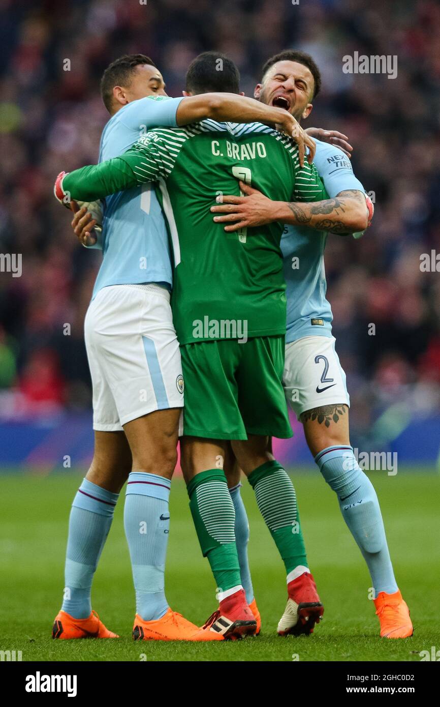 Manchester City keeper Claudio Bravo celebrates setting up Manchester City's Sergio Aguero for the opening goal during the Carabao Cup Final at Wembley Stadium, London. Picture date 25th February 2018. Picture credit should read: Charlie Forgahm-Bailey/Sportimage via PA Images Stock Photo
