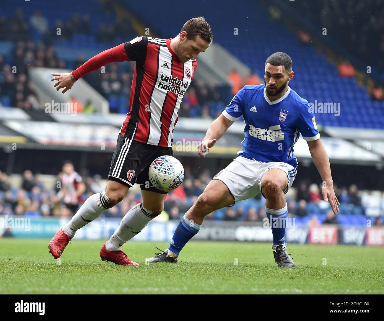Billy Sharp of Sheffield United is challenged by Cameron Carter Vickers of Ipswich Town  during the championship match at Portman Road Stadium, Ipswich. Picture date: 10th March 2018. Picture credit should read: Robin Parker/Sportimage via PA Images Stock Photo