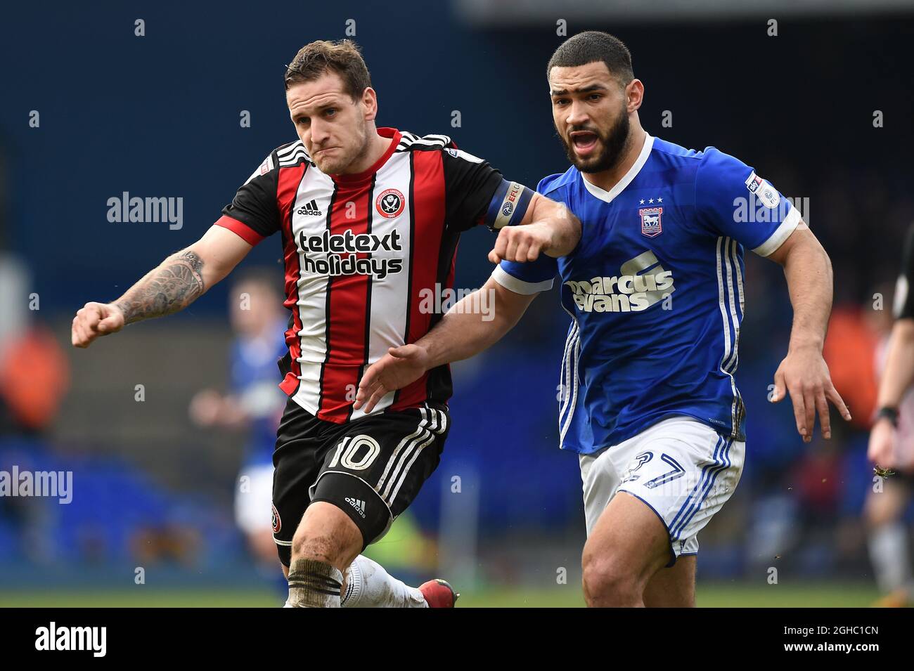 Billy Sharp of Sheffield United is challenged by Cameron Carter Vickers of Ipswich Town during the championship match at Portman Road Stadium, Ipswich. Picture date: 10th March 2018. Picture credit should read: Robin Parker/Sportimage via PA Images Stock Photo