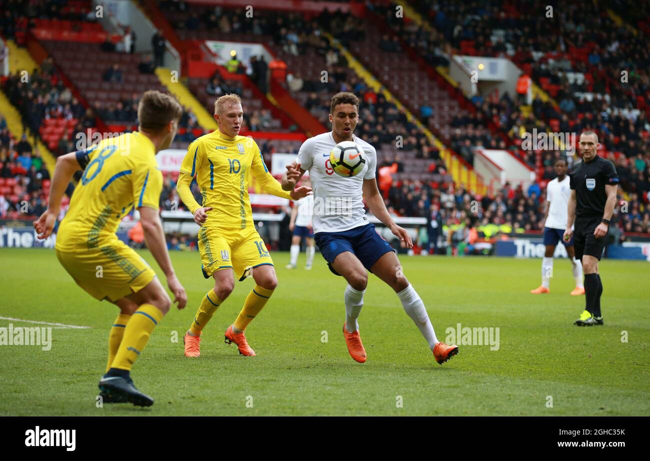 Dominic Calvert Lewin of England and Viktor Kovalenko during the Euro U21 Qualifying match at  Bramall Lane Stadium, Sheffield. Picture date: 27th March 2018. Picture credit should read: Simon Bellis/Sportimage via PA Images Stock Photo