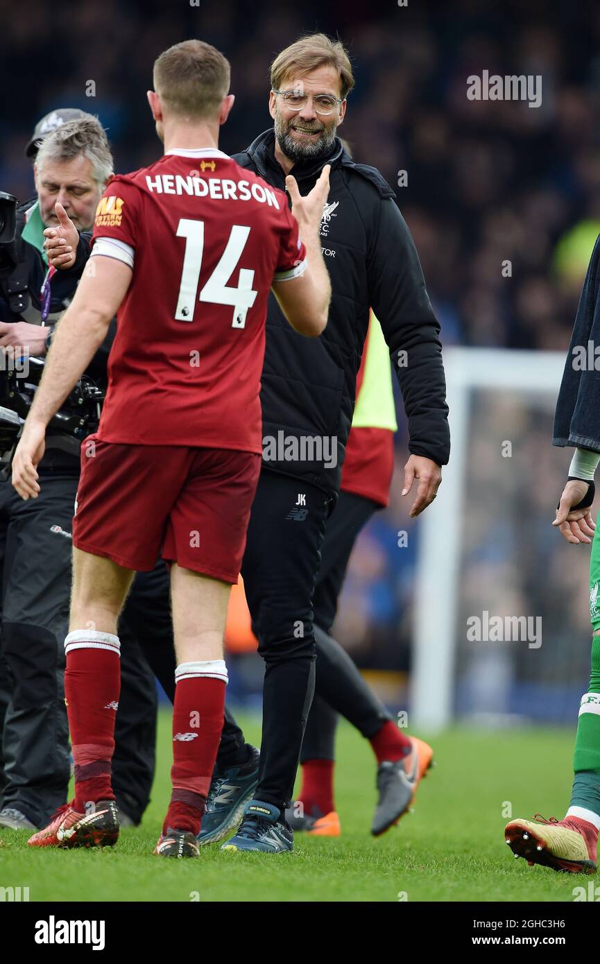 Liverpool Manager Jurgen Klopp and Jordan Henderson of Liverpoolat the end of the premier league match at Goodison Park Stadium, Liverpool. Picture date 7th April 2018. Picture credit should read: Robin Parker/Sportimage via PA Images Stock Photo