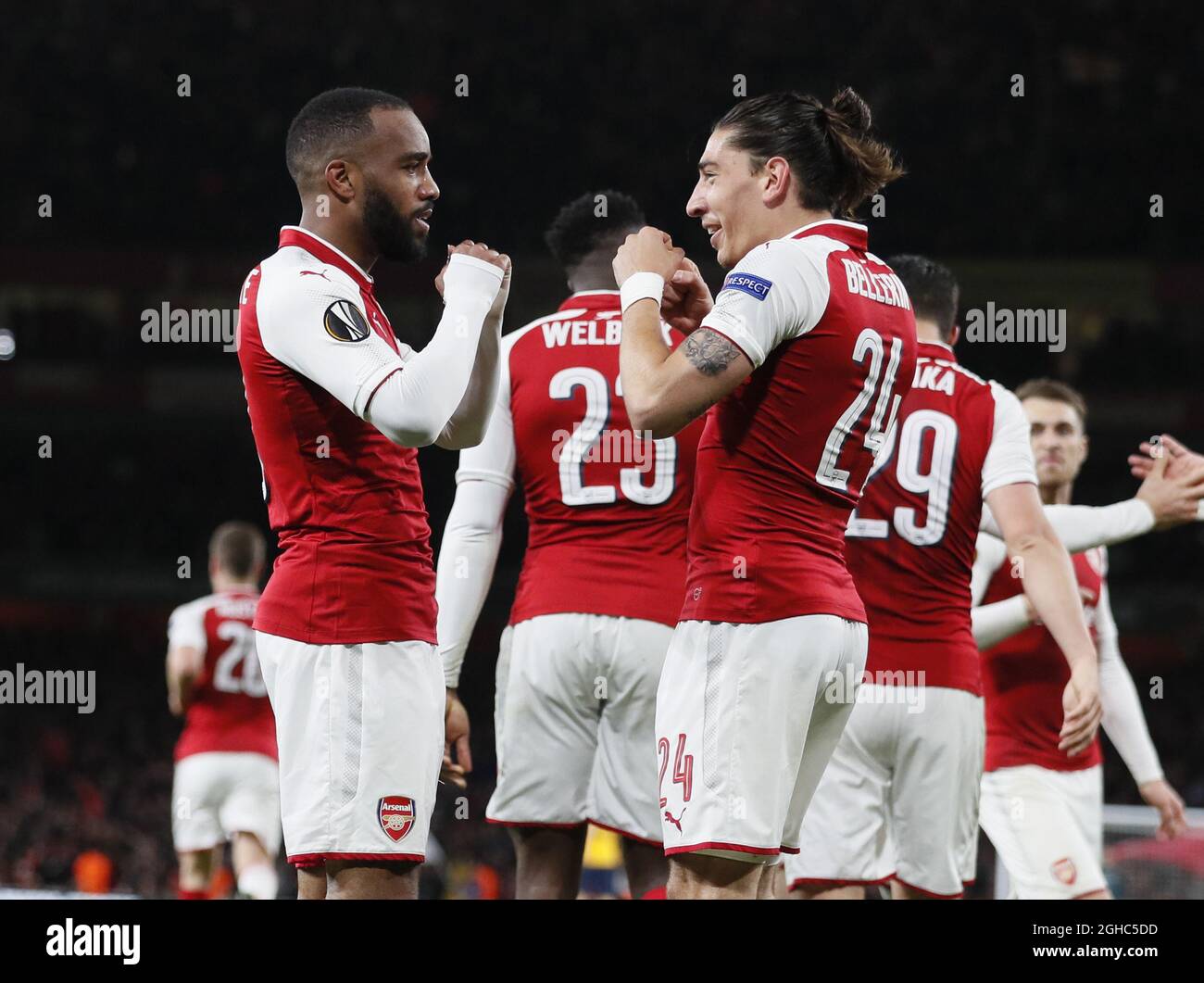 Alexandre Lacazette of Arsenal and Hector Bellerin of Arsenal shadow ...