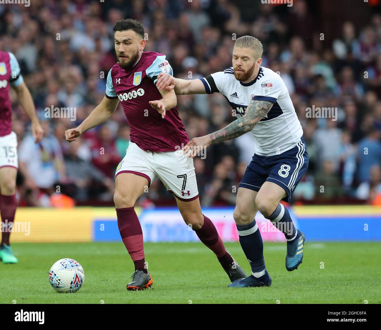 Robert Snodgrass of Aston Villa tackled by Adam Clayton of Middlesbrough during the championship play-off 2nd leg match at Villa Park Stadium, Birmingham. Picture date 15th May 2018. Picture credit should read: Simon Bellis/Sportimage via PA Images Stock Photo