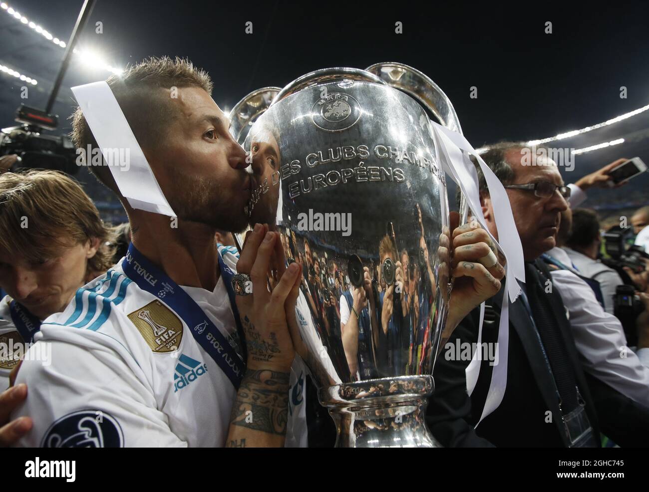 Sergio Ramos of Real Madrid kisses the Champions League trophy during the  UEFA Champions League Final match at the NSK Olimpiyskiy Stadium, Kiev.  Picture date 26th May 2018. Picture credit should read: