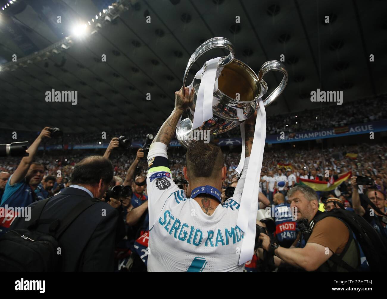 Sergio Ramos of Real Madrid holds aloft the UEFA Champions League Trophy  during the UEFA Champions League Final match at the NSK Olimpiyskiy  Stadium, Kiev. Picture date 26th May 2018. Picture credit