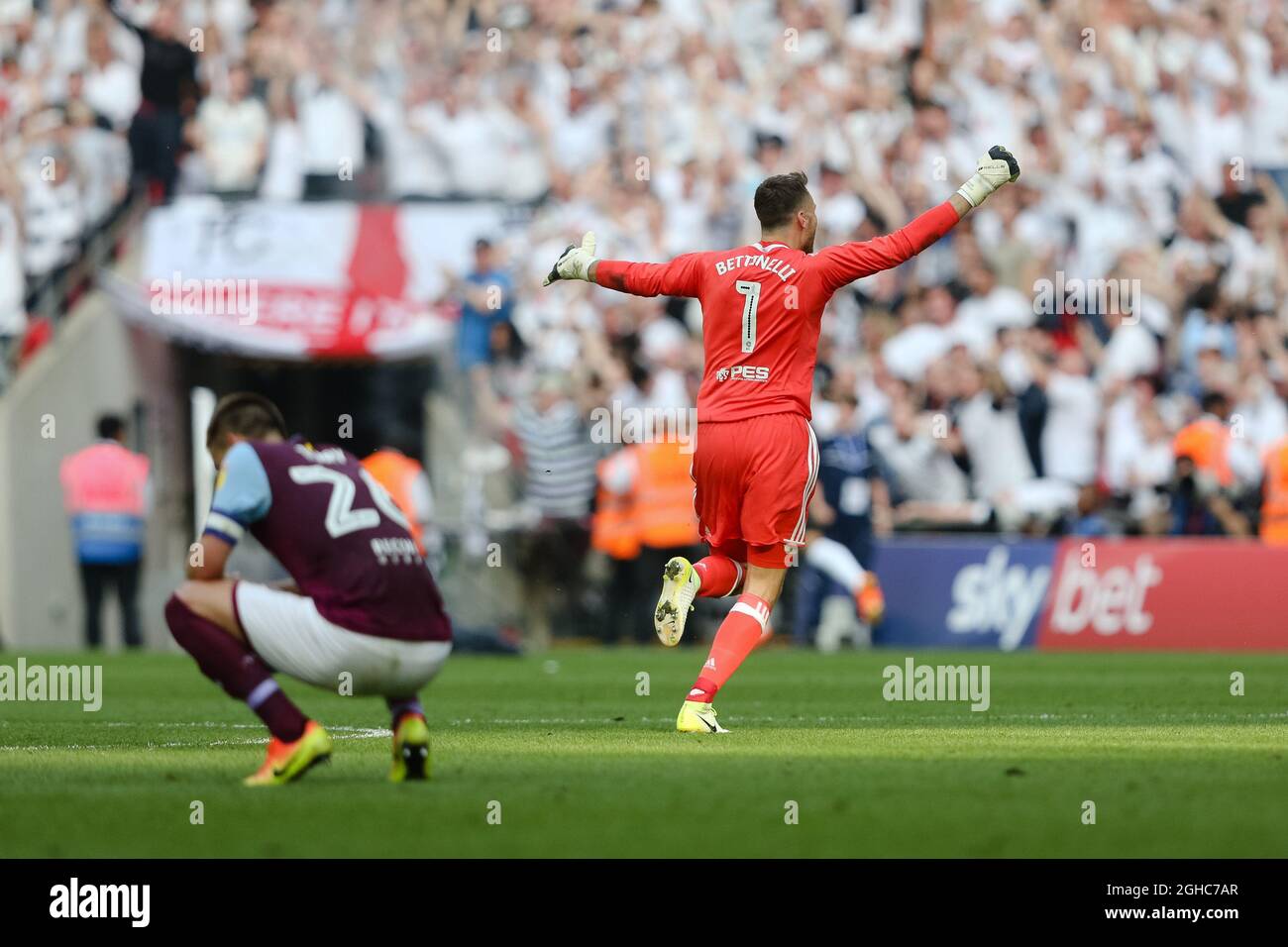 Marcus Bettinelli goalkeeper of Fulham and Aston Villa's John Terry after the championship playoff final match at Wembley Stadium, London. Picture date 26th May 2018. Picture credit should read: Charlie Forgham-Bailey/Sportimage via PA Images Stock Photo