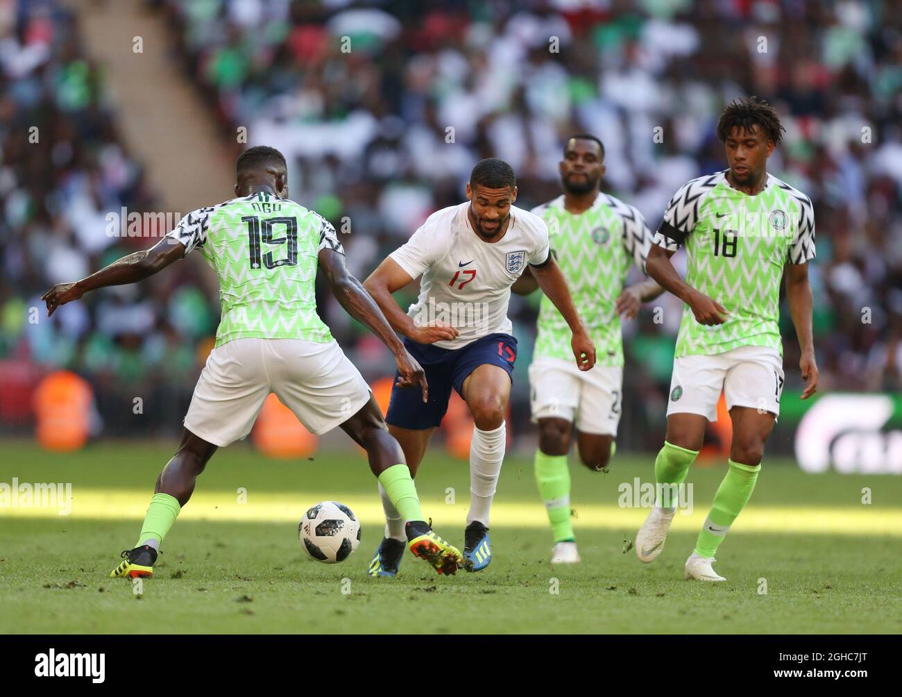 Ruben Loftus-Cheek of England tackled by John Ogu of Nigeria during the International Friendly match at  Wembley Stadium, London. Picture date 2nd June 2018. Picture credit should read: David Pinegar/Sportimage via PA Images Stock Photo