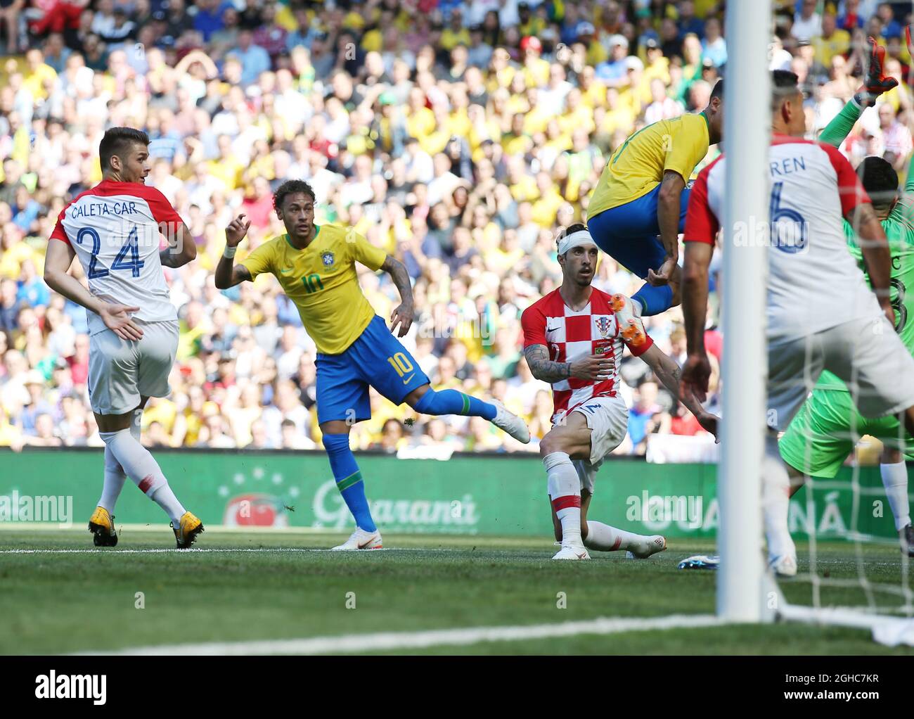 Neymar Junior of Brazil scores the first goal during the International Friendly match at Anfield Stadium, Liverpool. Picture date 3rd June 2018. Picture credit should read: Simon Bellis/Sportimage via PA Images Stock Photo
