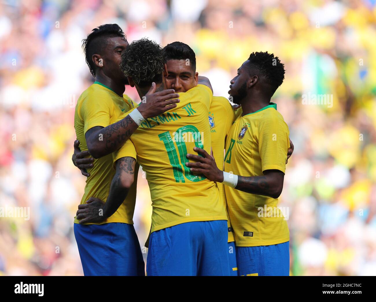 Firmino celebrates scoring with Neymar Junior of Brazil during the International Friendly match at Anfield Stadium, Liverpool. Picture date 3rd June 2018. Picture credit should read: Simon Bellis/Sportimage via PA Images Stock Photo